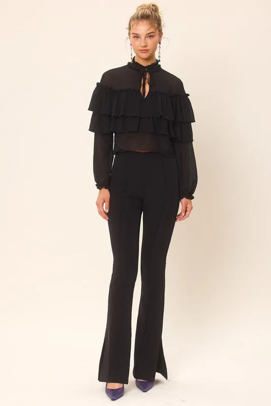 Black Center-Leg Seam Detailed Side Slit Flare Pants