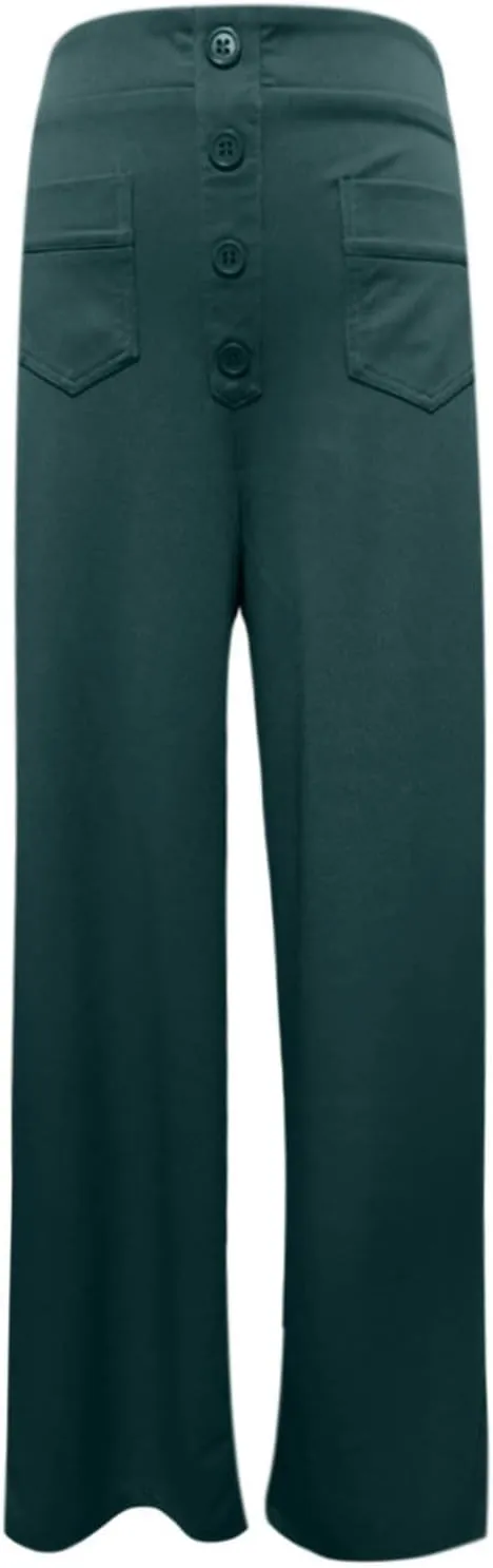 Casual Pants for Women High Waist Straight Leg Loose Fit Work Pants Button Down Bottoms Business Trousers with Pocket