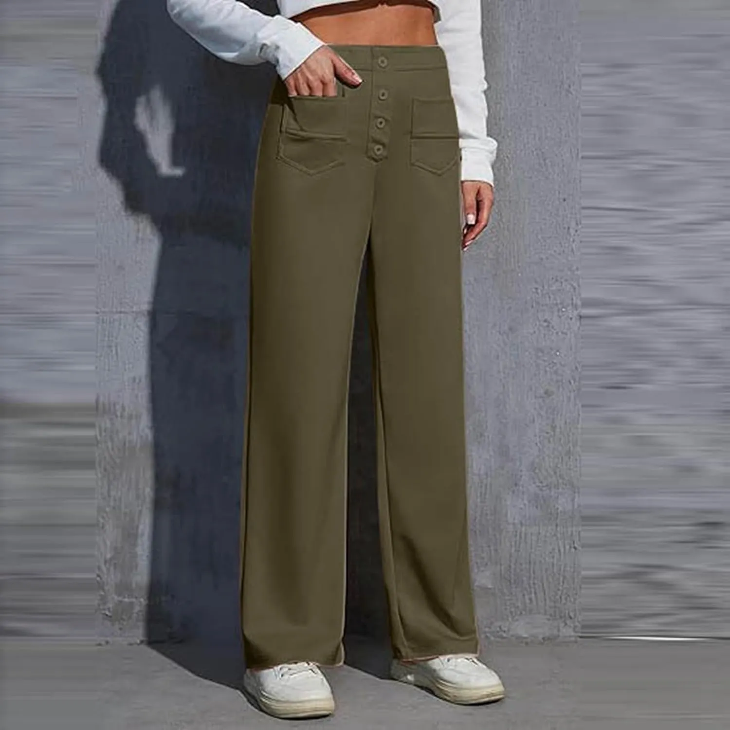 Casual Pants for Women High Waist Straight Leg Loose Fit Work Pants Button Down Bottoms Business Trousers with Pocket