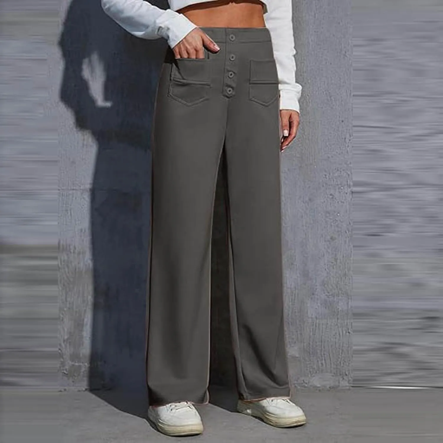 Casual Pants for Women High Waist Straight Leg Loose Fit Work Pants Button Down Bottoms Business Trousers with Pocket