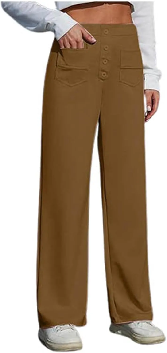 Casual Pants for Women High Waist Straight Leg Loose Fit Work Pants Button Down Bottoms Business Trousers with Pocket
