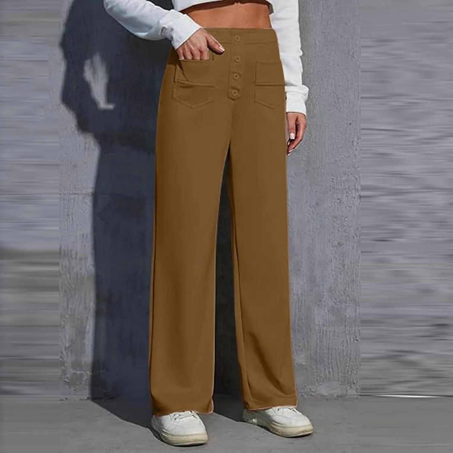 Casual Pants for Women High Waist Straight Leg Loose Fit Work Pants Button Down Bottoms Business Trousers with Pocket