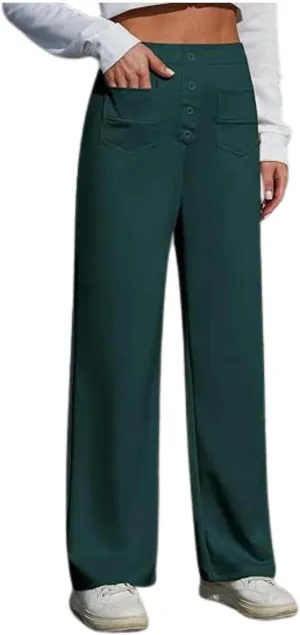 Casual Pants for Women High Waist Straight Leg Loose Fit Work Pants Button Down Bottoms Business Trousers with Pocket