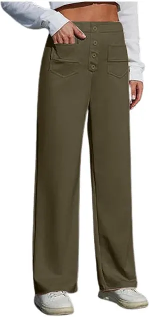 Casual Pants for Women High Waist Straight Leg Loose Fit Work Pants Button Down Bottoms Business Trousers with Pocket