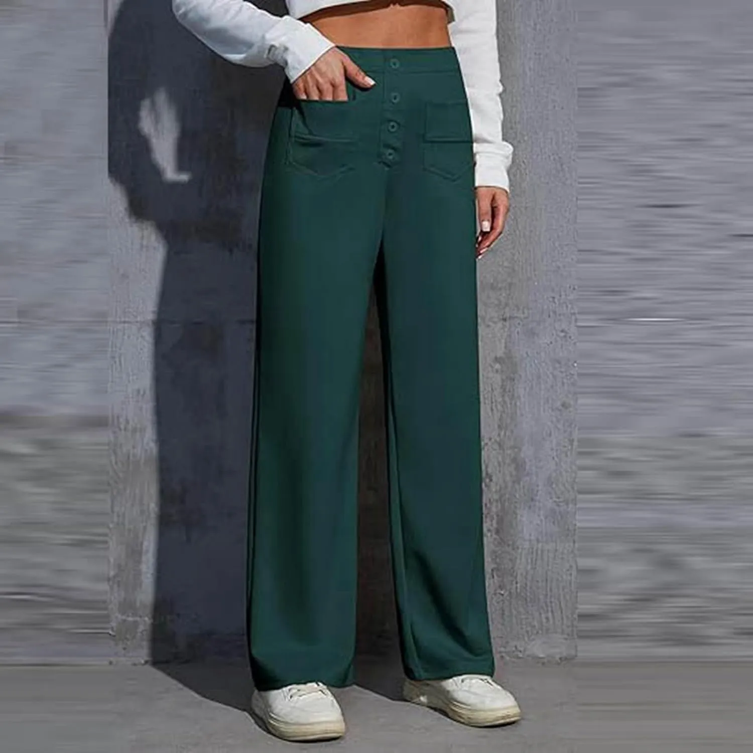 Casual Pants for Women High Waist Straight Leg Loose Fit Work Pants Button Down Bottoms Business Trousers with Pocket