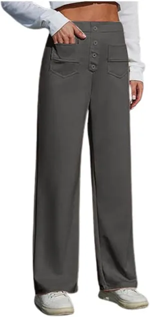 Casual Pants for Women High Waist Straight Leg Loose Fit Work Pants Button Down Bottoms Business Trousers with Pocket