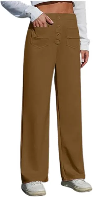 Casual Pants for Women High Waist Straight Leg Loose Fit Work Pants Button Down Bottoms Business Trousers with Pocket