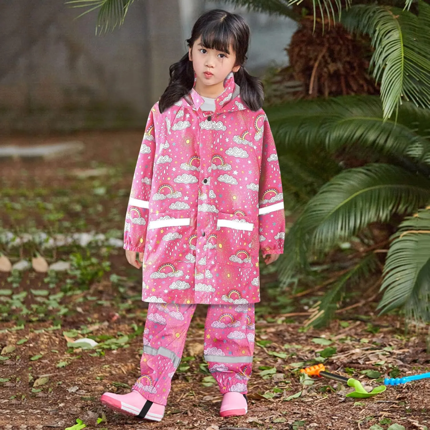 Children's Boy Girl Raincoat Toddler Waterproof Rain Suit for Kids Hooded Rain Jacket and Pants Set Outwear Suit