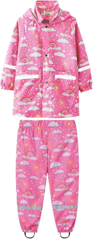 Children's Boy Girl Raincoat Toddler Waterproof Rain Suit for Kids Hooded Rain Jacket and Pants Set Outwear Suit