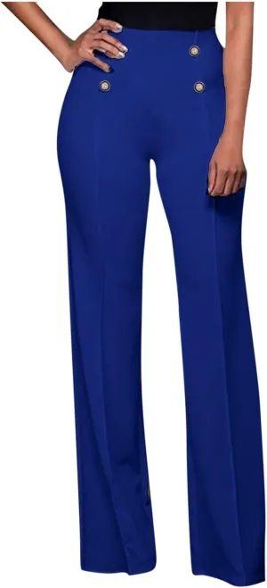 Fashion Ladies Exposed Buttons Curvy Flare Dress Pants Solid Color High Waisted Wide Leg Bell Bottom Trousers for Women