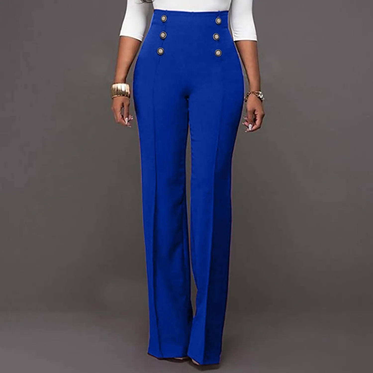 Fashion Ladies Exposed Buttons Curvy Flare Dress Pants Solid Color High Waisted Wide Leg Bell Bottom Trousers for Women