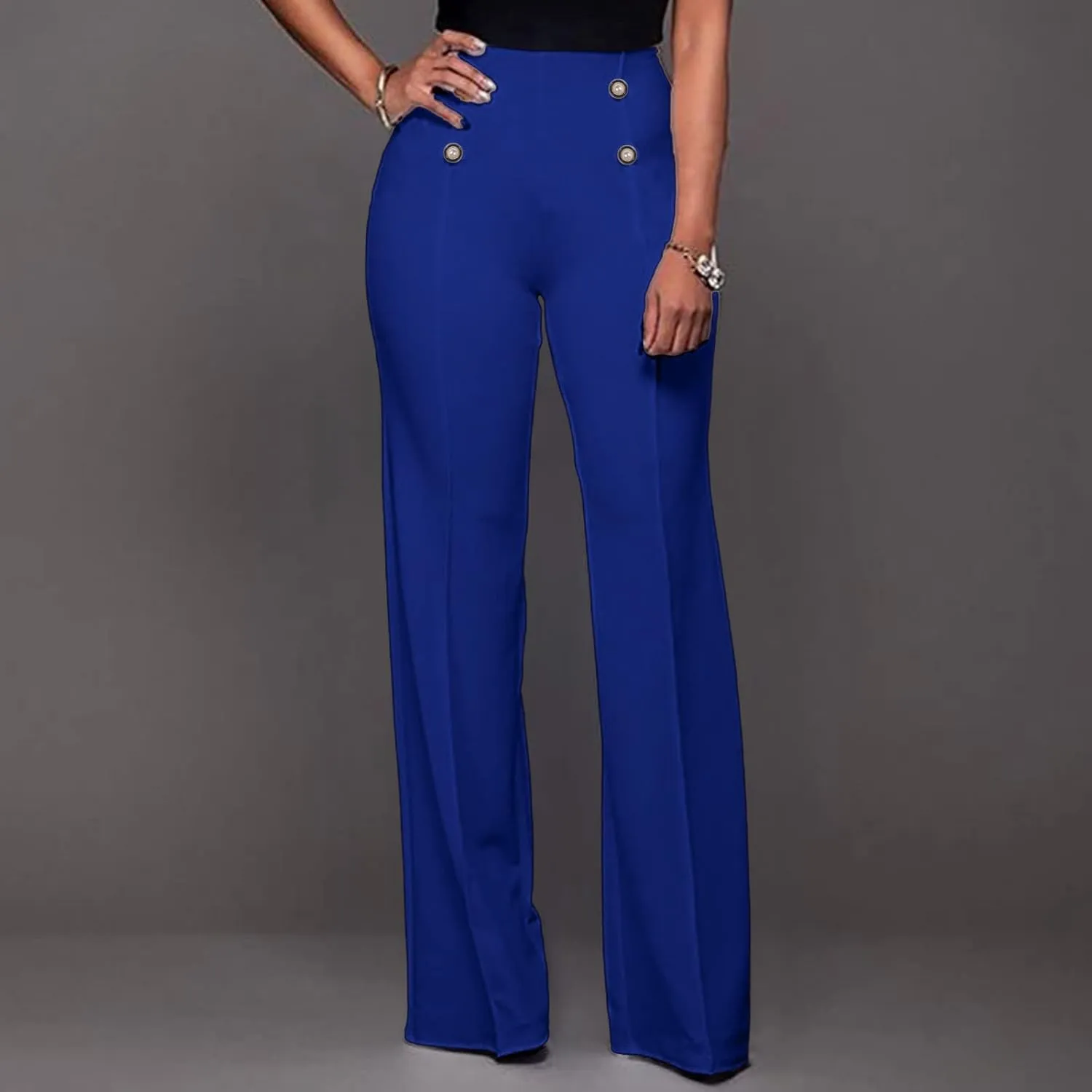 Fashion Ladies Exposed Buttons Curvy Flare Dress Pants Solid Color High Waisted Wide Leg Bell Bottom Trousers for Women