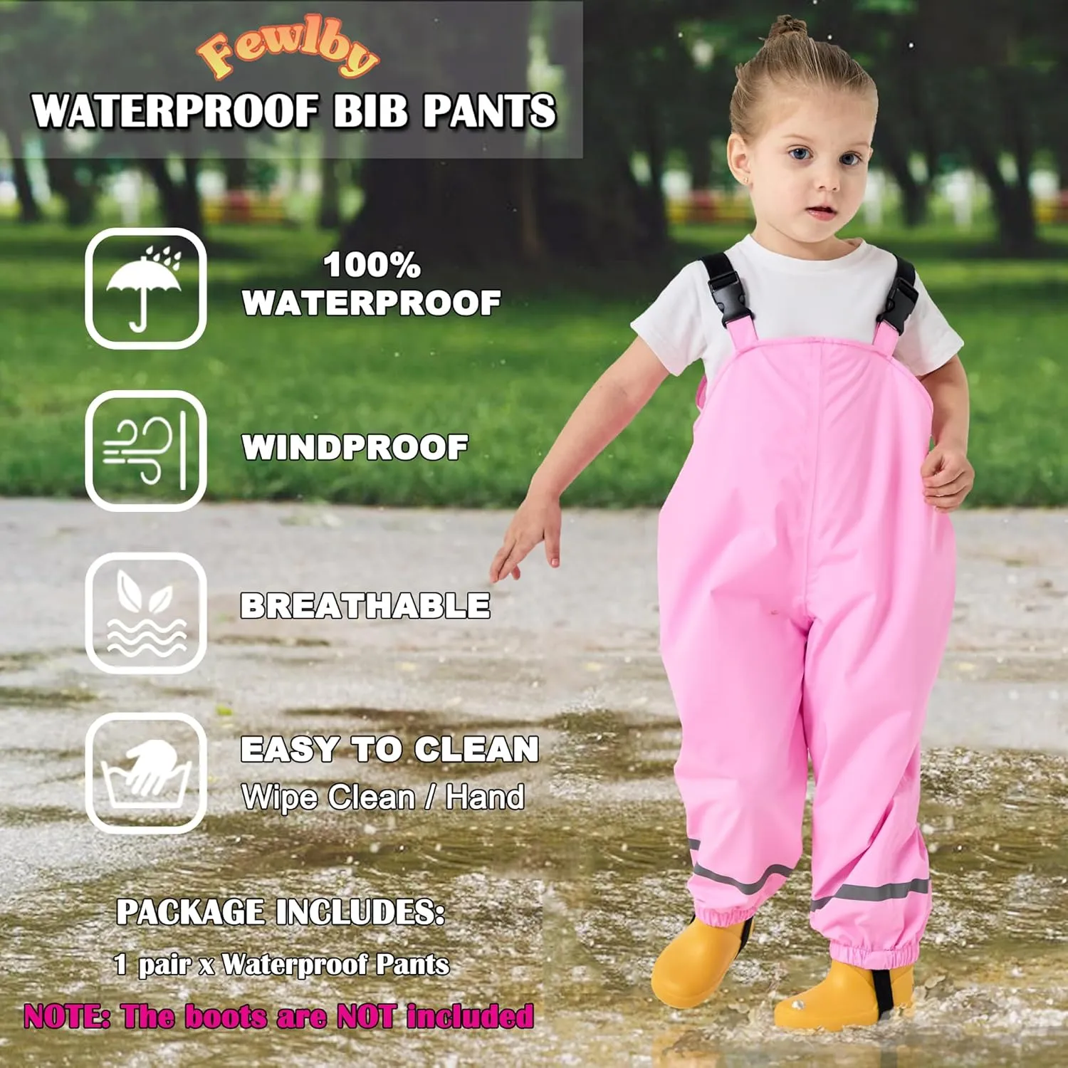 Fewlby Kids Rain Bib Pants, Toddlers Waterproof Suspender Dirty Proof Rain Wear for Boys and Girls