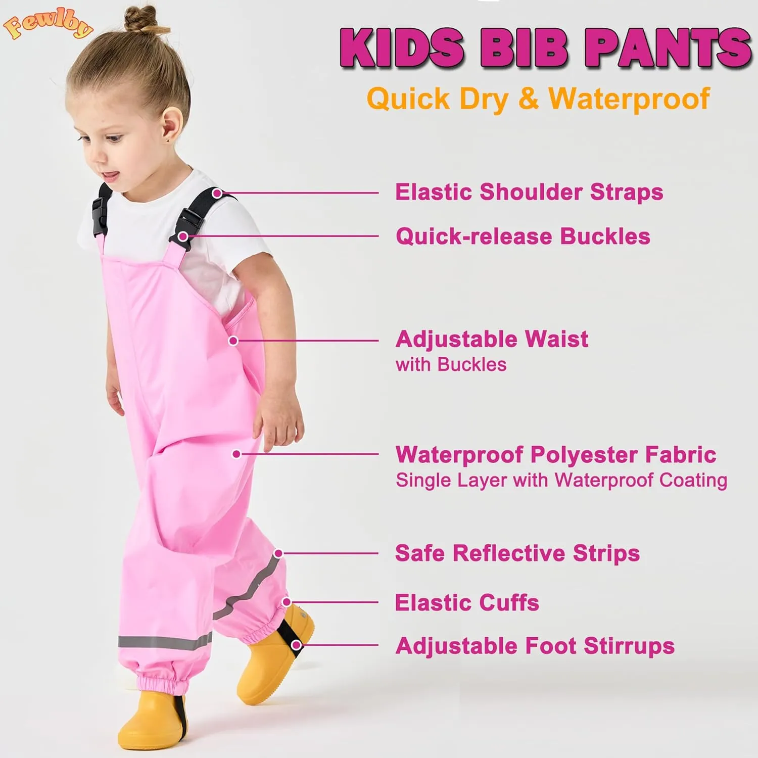 Fewlby Kids Rain Bib Pants, Toddlers Waterproof Suspender Dirty Proof Rain Wear for Boys and Girls