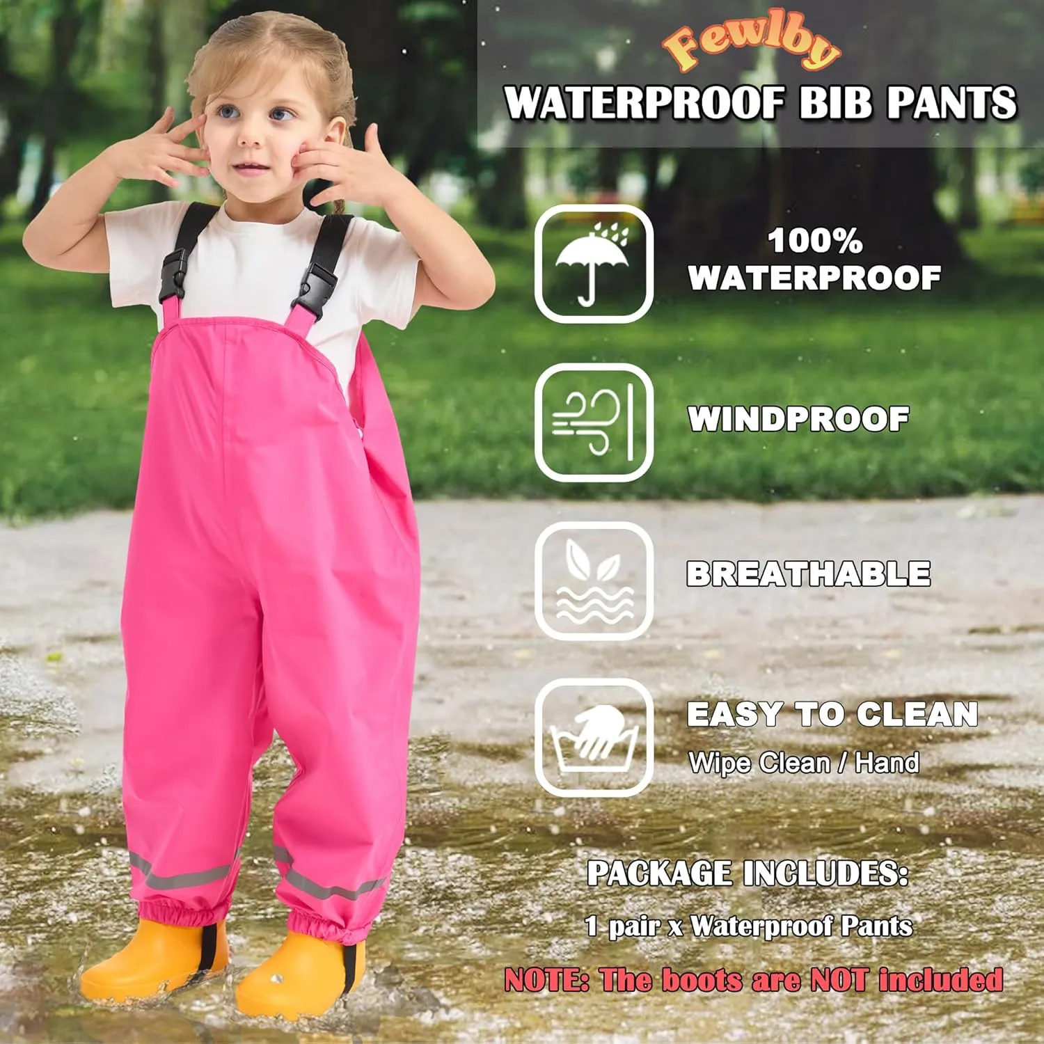 Fewlby Kids Rain Bib Pants, Toddlers Waterproof Suspender Dirty Proof Rain Wear for Boys and Girls