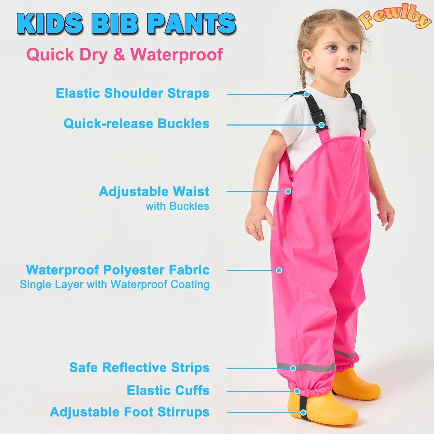Fewlby Kids Rain Bib Pants, Toddlers Waterproof Suspender Dirty Proof Rain Wear for Boys and Girls