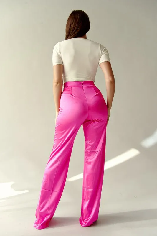 Fuchsia Pants The Desires Satin Stretch High Waisted Pants