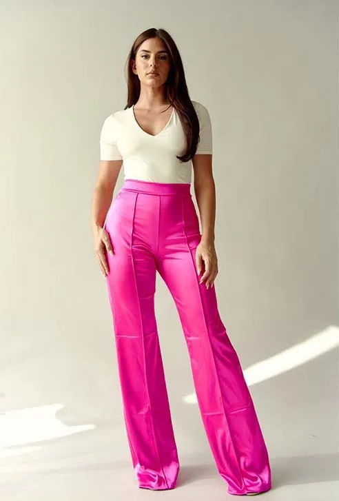 Fuchsia Pants The Desires Satin Stretch High Waisted Pants