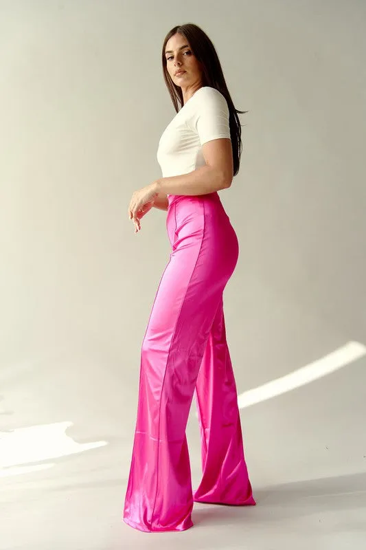 Fuchsia Pants The Desires Satin Stretch High Waisted Pants