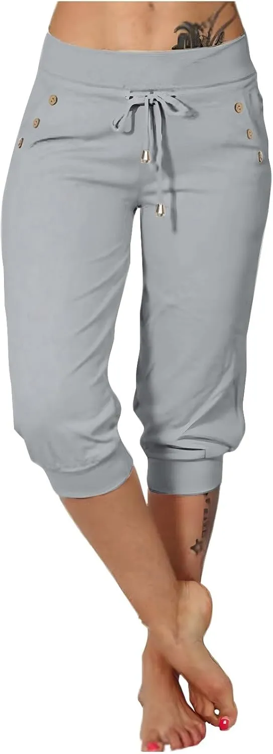 GOKKILRW Womens Capri Yoga Pants Stretch Workout Joggers Drawstring Sweatpants Summer Lounge Pajama Active Capris with Pocket