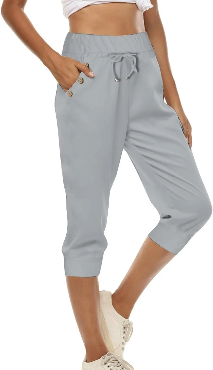 GOKKILRW Womens Capri Yoga Pants Stretch Workout Joggers Drawstring Sweatpants Summer Lounge Pajama Active Capris with Pocket