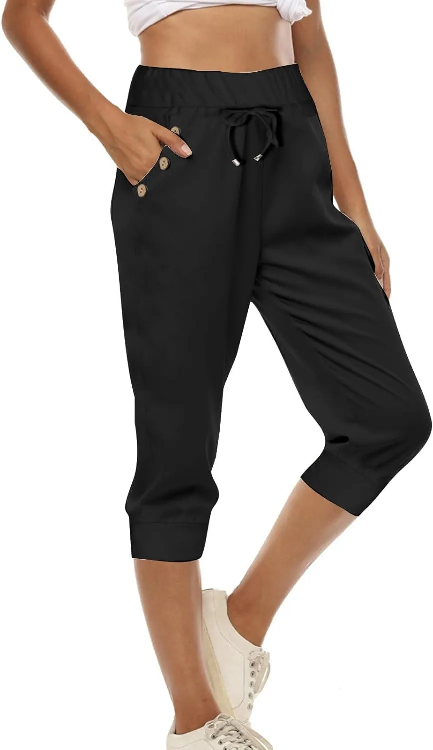 GOKKILRW Womens Capri Yoga Pants Stretch Workout Joggers Drawstring Sweatpants Summer Lounge Pajama Active Capris with Pocket