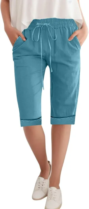 Linen Bermuda Shorts Women Knee Length Straight Leg Elastic Waist Harem Pants 2025 Beach Trousers Vacation Outfits