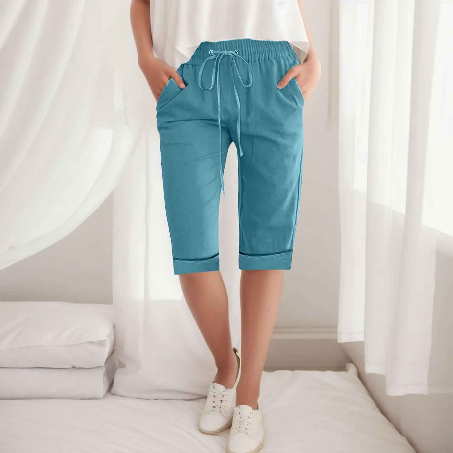 Linen Bermuda Shorts Women Knee Length Straight Leg Elastic Waist Harem Pants 2025 Beach Trousers Vacation Outfits