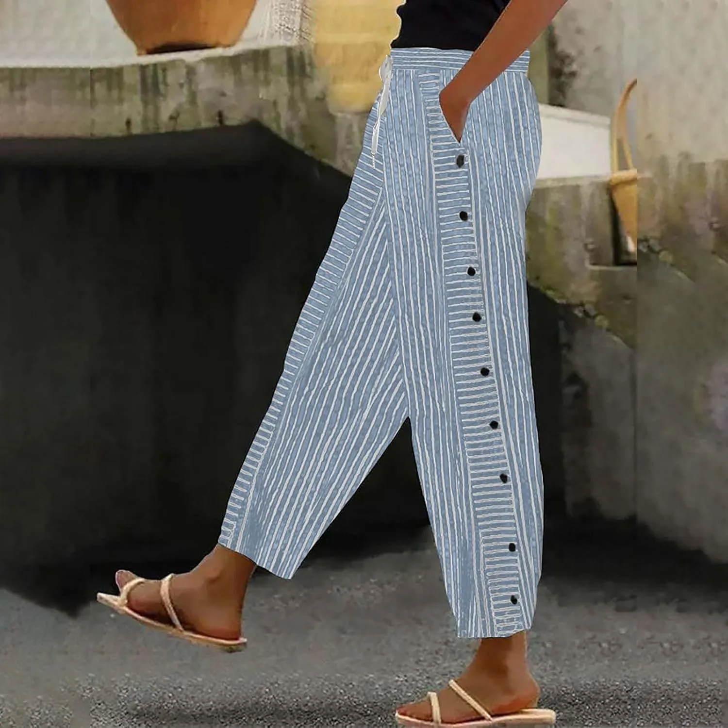 Linen Striped Pants Women Plus Size High Waisted Drawstring Trousers Button Side Straight Leg Cotton Casual Pants