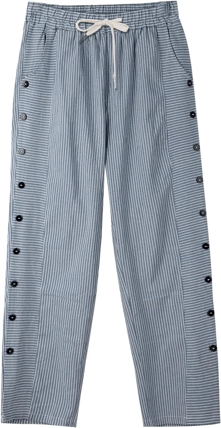 Linen Striped Pants Women Plus Size High Waisted Drawstring Trousers Button Side Straight Leg Cotton Casual Pants