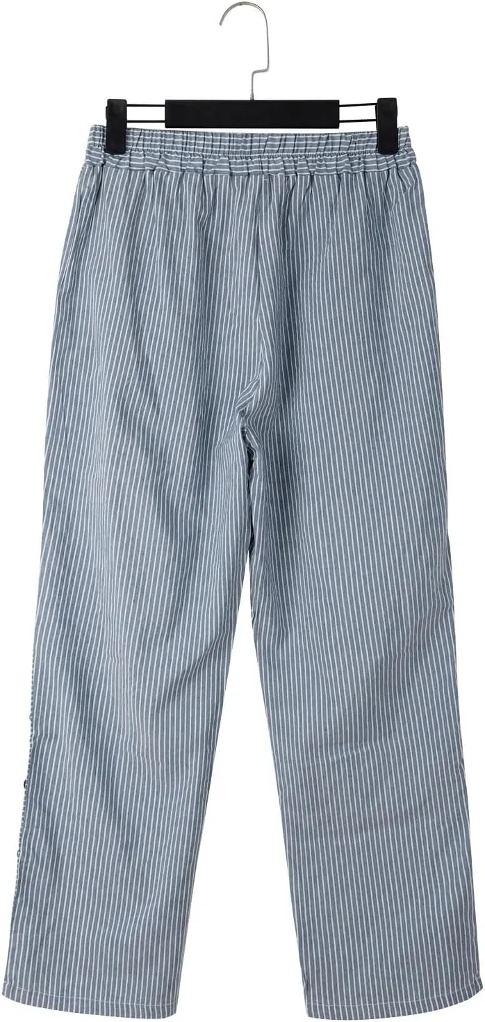 Linen Striped Pants Women Plus Size High Waisted Drawstring Trousers Button Side Straight Leg Cotton Casual Pants