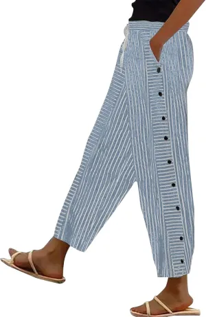 Linen Striped Pants Women Plus Size High Waisted Drawstring Trousers Button Side Straight Leg Cotton Casual Pants