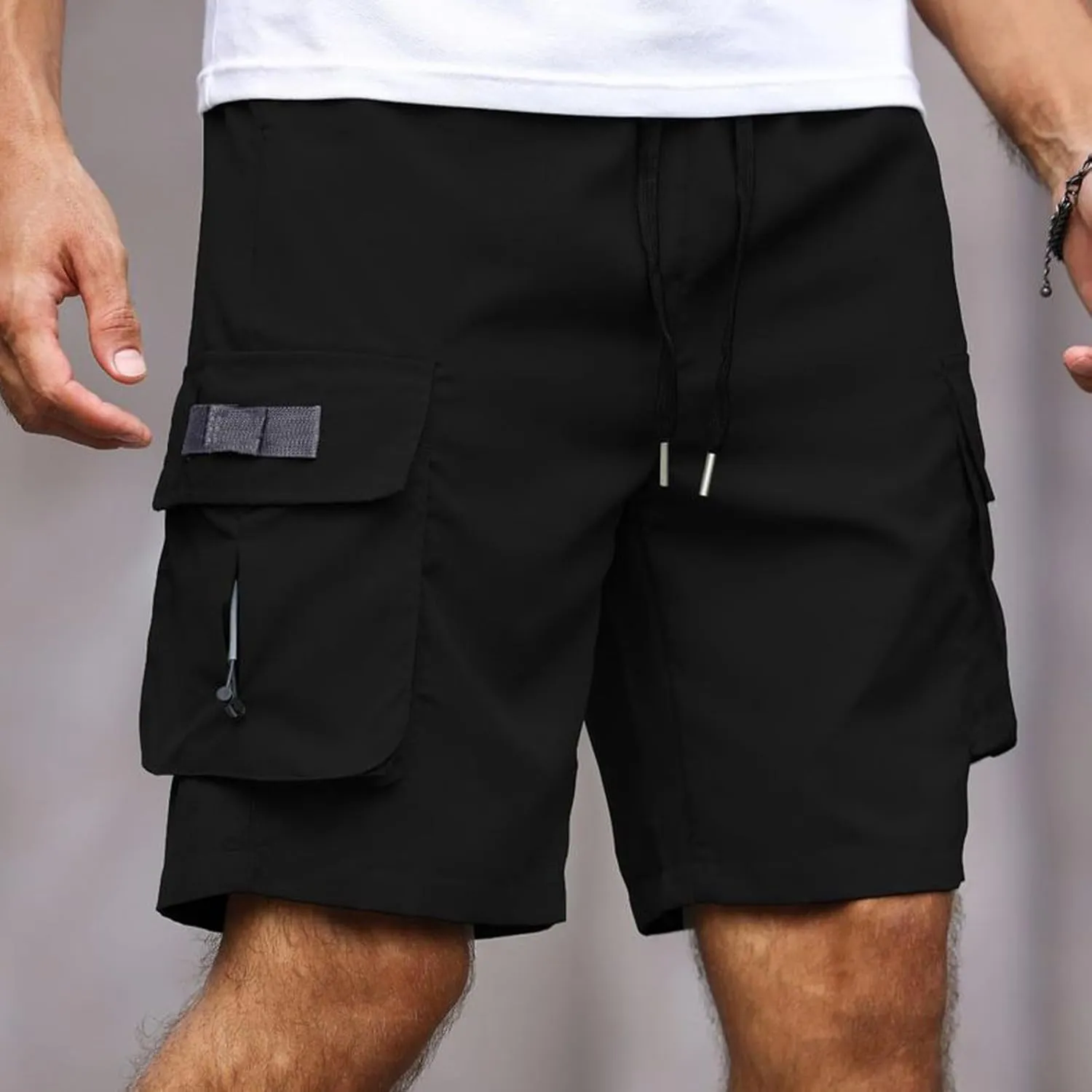 Men's Cargo Shorts with Multi-Pockets Workout Varsity Street Shorts Elastic Waist Drawstring Summer SweatShorts