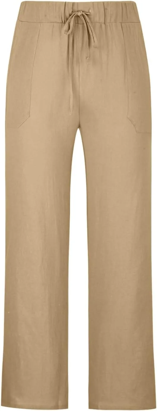 Mens Casual Linen Pants Lightweight Baggy Wide Leg Yoga Beach Summer Pants Waisted Drawstring Cotton Linen Trousers
