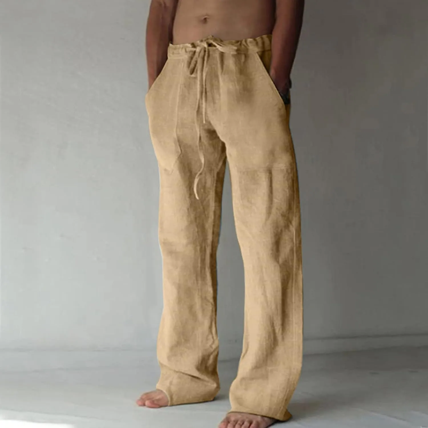 Mens Casual Linen Pants Lightweight Baggy Wide Leg Yoga Beach Summer Pants Waisted Drawstring Cotton Linen Trousers