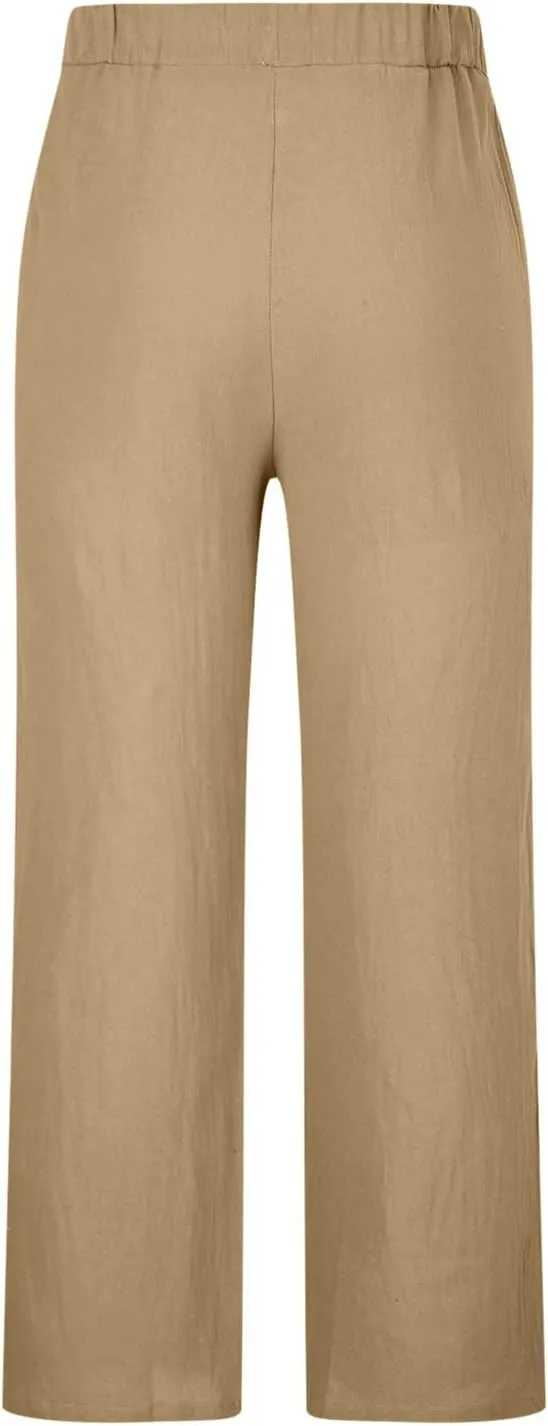 Mens Casual Linen Pants Lightweight Baggy Wide Leg Yoga Beach Summer Pants Waisted Drawstring Cotton Linen Trousers