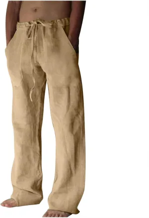 Mens Casual Linen Pants Lightweight Baggy Wide Leg Yoga Beach Summer Pants Waisted Drawstring Cotton Linen Trousers
