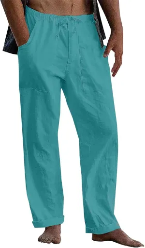 Mens Cotton Linen Pants Casual Loose Fit Summer Beach Yoga Pant Drawstring Straight-Legs Lightweight Long Trousers