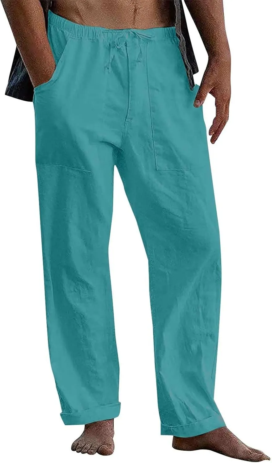Mens Cotton Linen Pants Casual Loose Fit Summer Beach Yoga Pant Drawstring Straight-Legs Lightweight Long Trousers