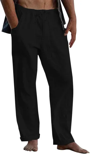 Mens Cotton Linen Pants Casual Loose Fit Summer Beach Yoga Pant Drawstring Straight-Legs Lightweight Long Trousers