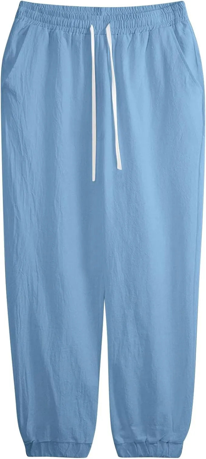 Men's Cotton Linen Pants Loose Fit Cargo Pants for Men Drawstring Summer Yoga Pant Lounge Trousers with Pockets