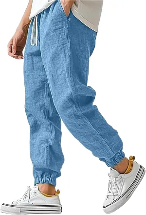 Men's Cotton Linen Pants Loose Fit Cargo Pants for Men Drawstring Summer Yoga Pant Lounge Trousers with Pockets