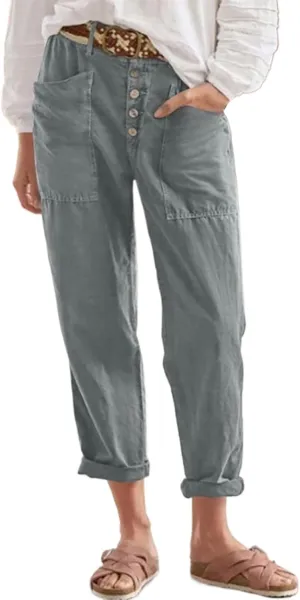 Miyaomn 2024 Trendy Cotton Linen Button-Fly Pants for Women Solid Lightweight High Waist Straight Leg Lounge Slacks Plus Size