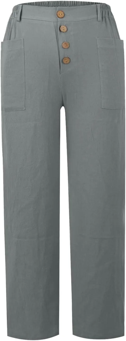 Miyaomn 2024 Trendy Cotton Linen Button-Fly Pants for Women Solid Lightweight High Waist Straight Leg Lounge Slacks Plus Size
