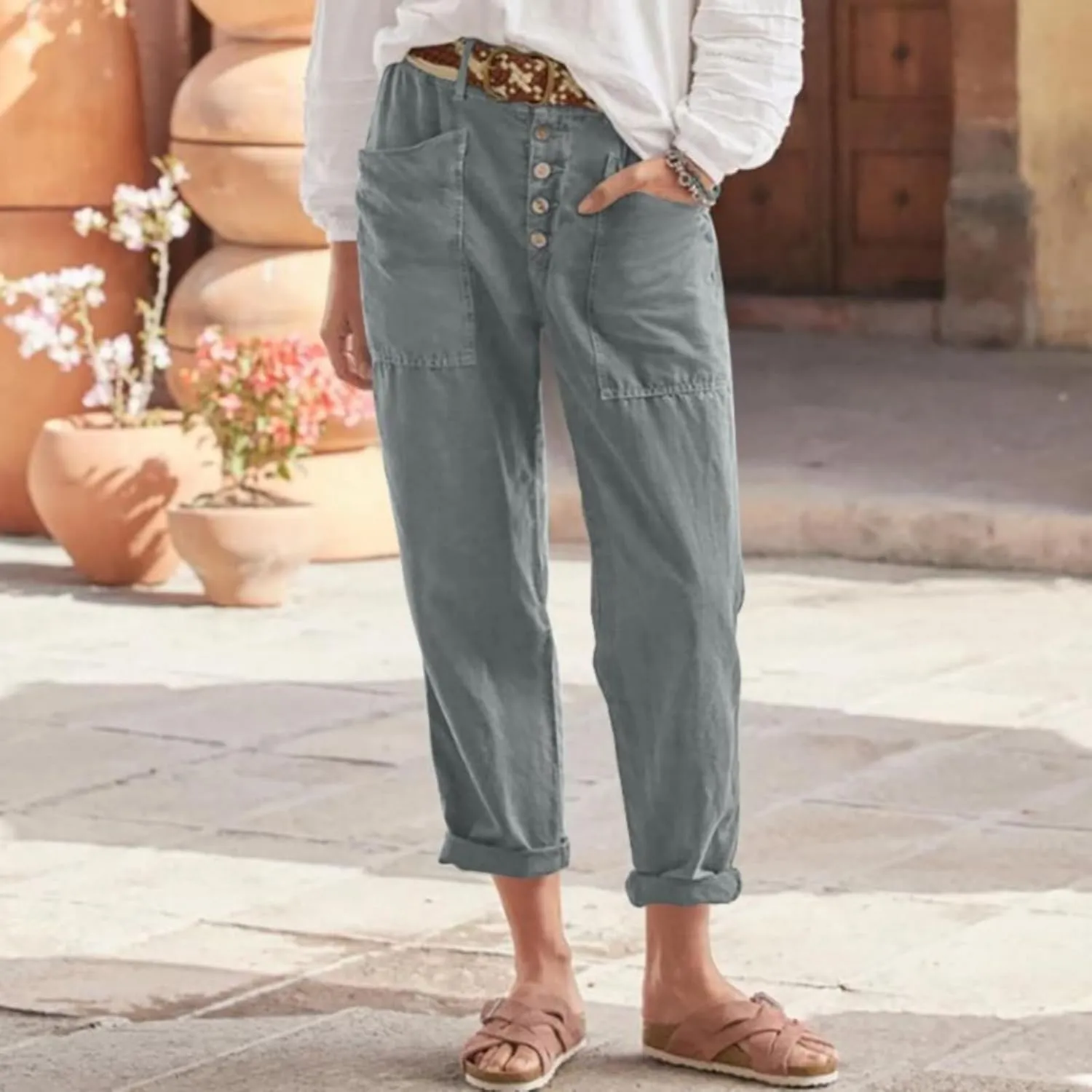 Miyaomn 2024 Trendy Cotton Linen Button-Fly Pants for Women Solid Lightweight High Waist Straight Leg Lounge Slacks Plus Size