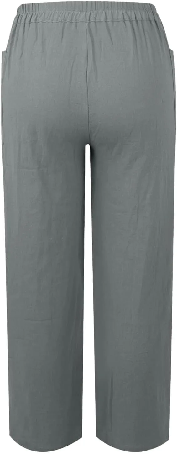 Miyaomn 2024 Trendy Cotton Linen Button-Fly Pants for Women Solid Lightweight High Waist Straight Leg Lounge Slacks Plus Size