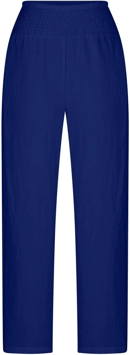 Miyaomn Casual Baggy Linen Pants for Women Smocked Elastic Waist Loose Palazzo Pants Summer Beach Lounge Trousers with Pocket