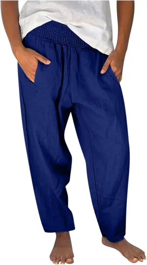 Miyaomn Casual Baggy Linen Pants for Women Smocked Elastic Waist Loose Palazzo Pants Summer Beach Lounge Trousers with Pocket