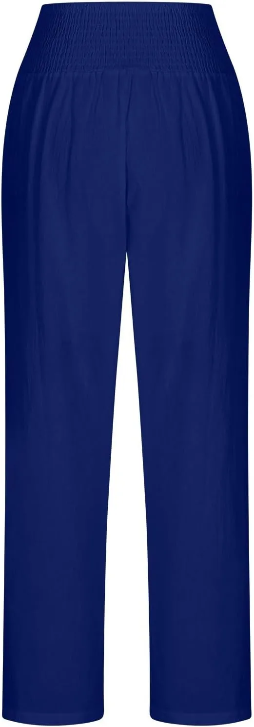 Miyaomn Casual Baggy Linen Pants for Women Smocked Elastic Waist Loose Palazzo Pants Summer Beach Lounge Trousers with Pocket