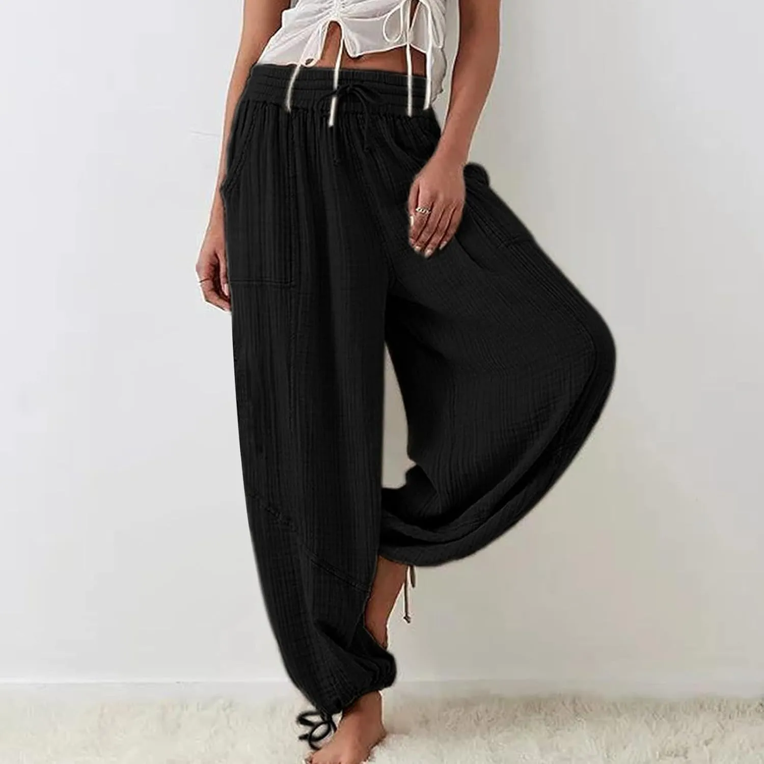 Miyaomn Casual Baggy Pants for Women Elastic Waistband Wide Leg Adjustable Bottom Joggers Pocket Hippie Yoga Lantern Trousers